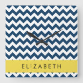 Horloge Carrée Navy Blue Zigzag, Navy Blue Chevron, Votre nom (Recto)