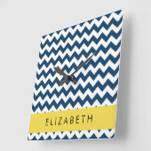 Horloge Carrée Navy Blue Zigzag, Navy Blue Chevron, Votre nom (Angle)