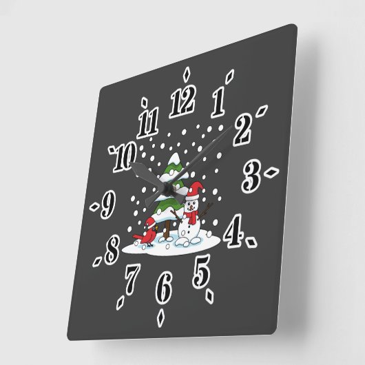 Horloge Carrée Neige tombant sur Cardinal, Snowman et Pine Tree (Angle)