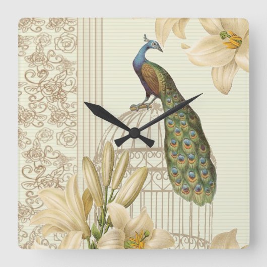 Horloge Carrée nénuphar vintage paon (Recto)