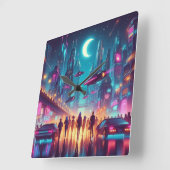 Horloge Carrée Neon Cityscape (Angle)