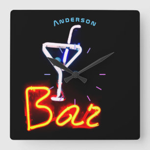 Horloge Carrée Neon Cocktail Bar Den Mancave Mur Personnalisé