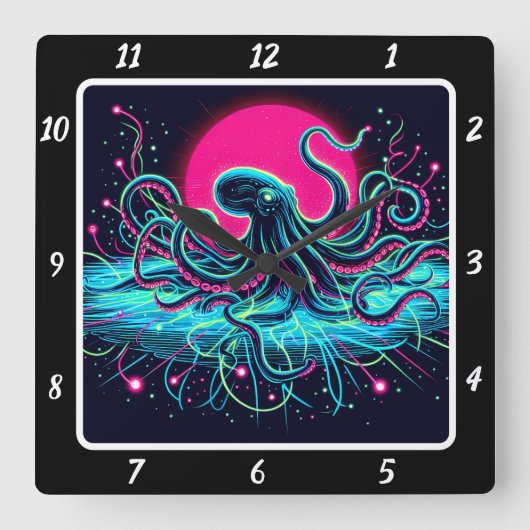 Horloge Carrée Neon Kraken Octopus Abyss (Recto)