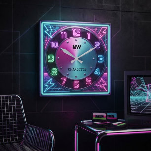 Horloge Carrée Néon Synthwave des années 80 Rétro-Futuriste Foudr