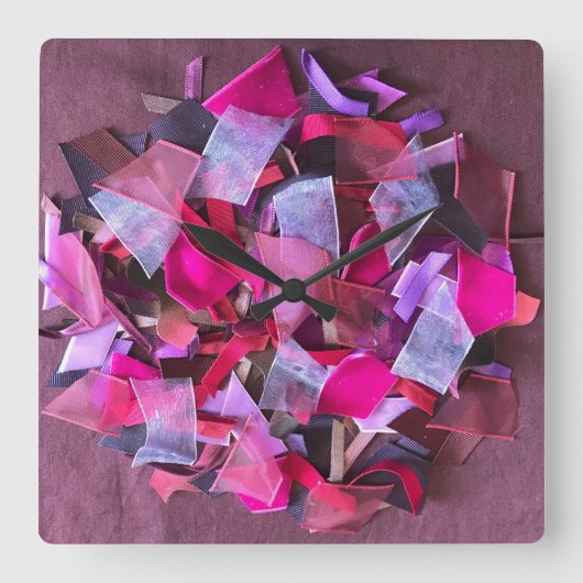 Horloge Carrée Neuf, effet 3D, rubans violets roses bordeaux (Recto)