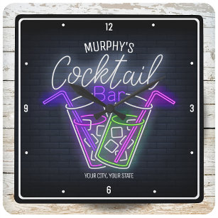 Horloge Carrée Night Club Faux Neon Bar à cocktails personnalisé