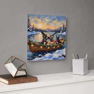Horloge Carrée Noël Bateau de Noël Bouledogue Français