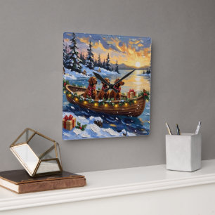Horloge Carrée Noël Bateau de vacances Setter Rouge Irlandais