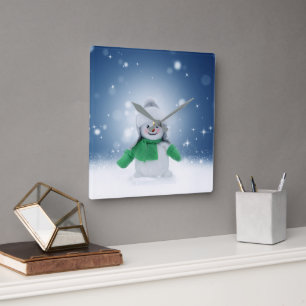 Horloge Carrée Noël bonhomme de neige SlipperyJoe foulard vert m