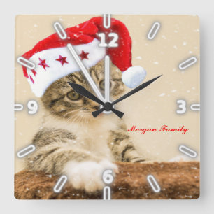 Horloge Carrée Noël, chat fantaisiste avec chapeau de Père Noël