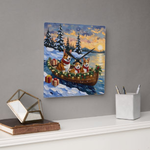 Horloge Carrée Noël corgi bateau fêtes