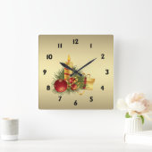 Horloge Carrée Noël d'or avec chiffres noirs (Maison)