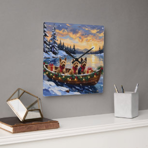 Horloge Carrée Noël en bateau avec un Terrier Australien pour les
