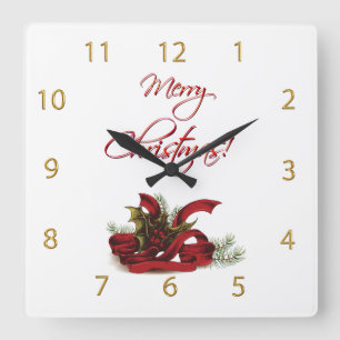Horloge Carrée Noël Holly et Pins