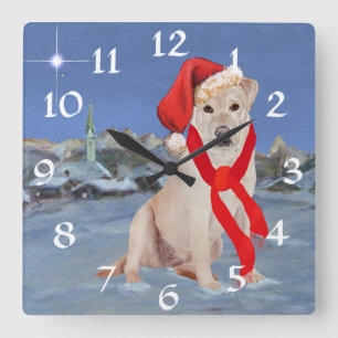 Horloge Carrée Noël jaune de labrador retriever