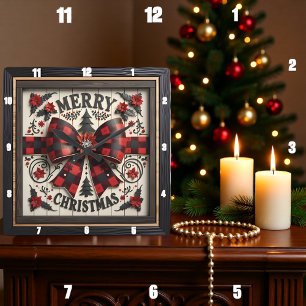 Horloge Carrée Noël joyeux nœud carreau de buffle