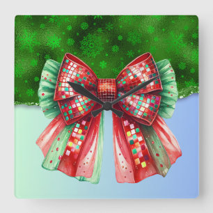 Horloge Carrée Noël présent Croquette Bow Bling Parties scintilla