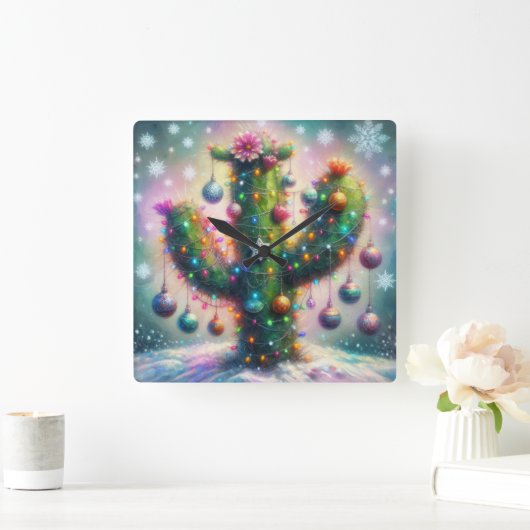 Horloge Carrée Noël Saguaro Cactus Whimsical Snowflakes (Maison)