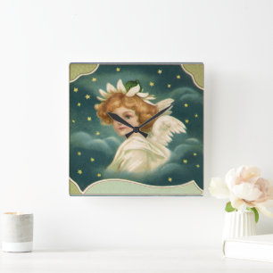 Horloge Carrée Noël vintage, ange victorien avec des étoiles doré