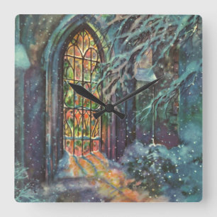 Horloge Carrée Noël vintage d'église avec vitrail
