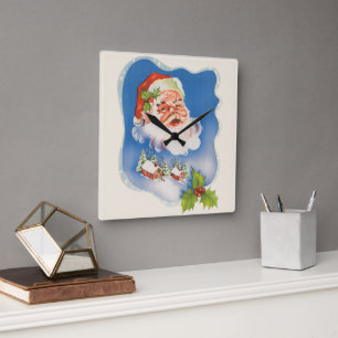 Horloge Carrée Noël vintage, joyeux Père Noël rétro
