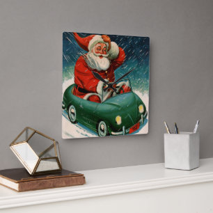Horloge Carrée Noël vintage, le Père Noël dans une voiture mignon