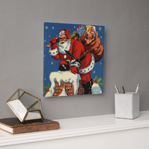 Horloge Carrée Noël Vintage, Père Noël descendant la cheminée ave