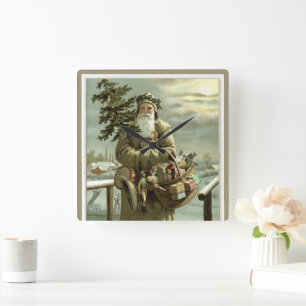 Horloge Carrée Noël vintage, Père Noël victorien avec des jouets