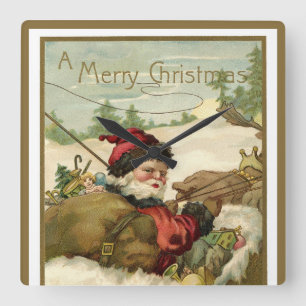 Horloge Carrée Noël vintage, Père Noël victorien dans un traîneau