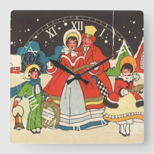 Horloge Carrée Noël vintage, une famille chantant des chants de N