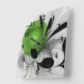Horloge Carrée Noir Abstrait et blanc avec art fractal vert (Angle)