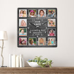 Horloge Carrée Noir Bois Nom de famille Citation Ferme 12 Photo<br><div class="desc">Montrez vos souvenirs chéris avec ce cadre photo collage rustique de la famille de bois. Créez un collage photo de 12 en utilisant notre modèle facile à utiliser. Personnalisez-le avec votre nom de famille et votre année. Parfait pour la décoration de la ferme, ce cadre unique vous permet de magnifiquement...</div>