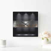 Horloge Carrée Noir de logo de coiffeur, argent (Maison)