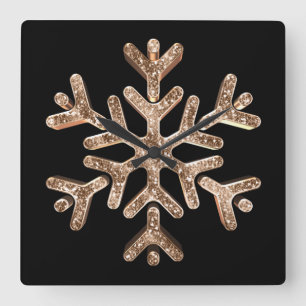 Horloge Carrée Noir élégant et or de flocon de neige