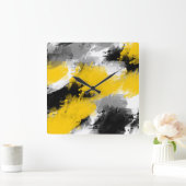 Horloge Carrée Noir Jaune Blanc Moderne Abstrait Brosses (Maison)
