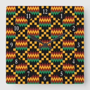 Horloge Carrée Noir Jaune Vert Rouge, Nombres Blancs Tissu Kente