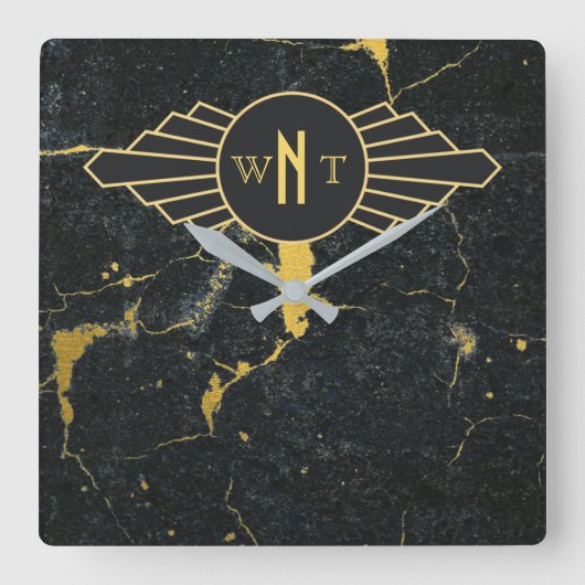 Horloge Carrée Noir Marbre trois lettres Monogramme Art Déco (Recto)