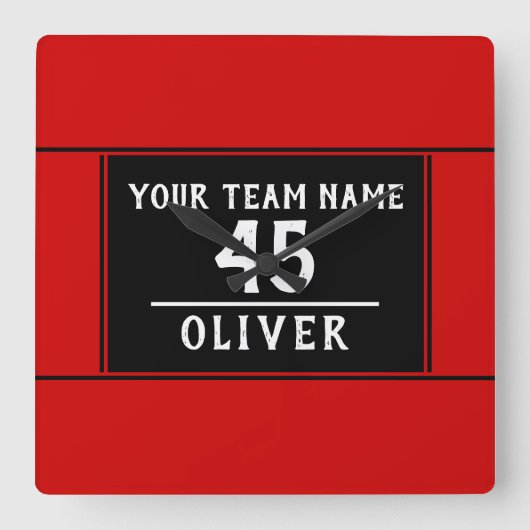 Horloge Carrée Noir rouge avec numéro de nom d'équipe (Recto)