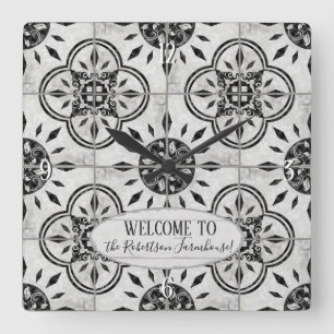 Horloge Carrée Nom de famille en bois de motif de tuile de