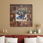 Horloge Carrée Nom de famille Photo Rustic Wood<br><div class="desc">A rustic wood wall clock personalized with family name and photo.</div>