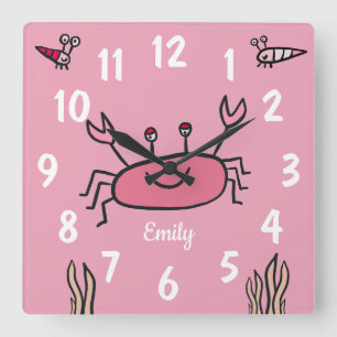 Horloge Carrée Nom de fille d'animal de mer crabe rose mignon