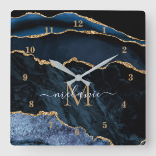 Horloge Carrée Nom du monogramme Agate Marine Bleu Gold Gemstone 