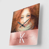 Horloge Carrée Nom du monogramme photo en or rose (Angle)