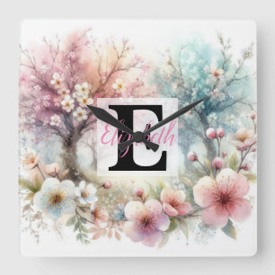 Horloge Carrée Nom du monogramme sur l'aquarelle Fleurs en pastel