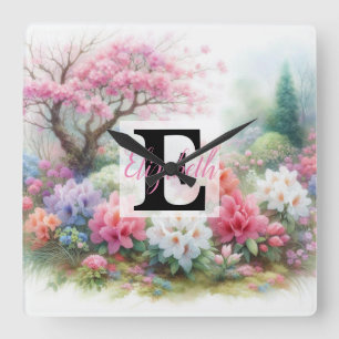 Horloge Carrée Nom du monogramme sur l'aquarelle Fleurs en pastel