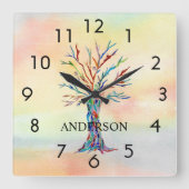 Horloge Carrée nom Monogram Rainbow Tree Square Wall Clock (Recto)
