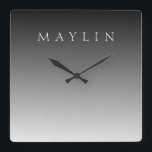 Horloge Carrée Nom ou mot classique | Gris dégradé<br><div class="desc">Lettres élégantes personnalisables pour un nom,  un nom de famille ou tout autre texte.</div>