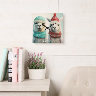 Horloge Carrée Nom personnalisé Llamas d'hiver