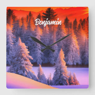 Horloge Carrée Nom personnalisé Winter Forest Sunrise Thème