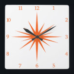 Horloge Carrée Nombre de starburst atomique orange au milieu du s<br><div class="desc">Cette horloge carré moderne du milieu du siècle présente une starburst orange audacieuse avec des numéros correspondants,  ce qui fera un ajout fantastique aux murs de votre maison ou bureau!</div>